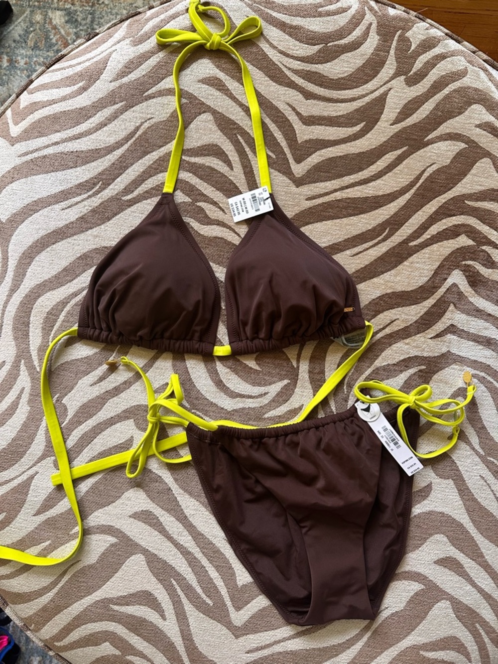 PINK NWT Brown Bikini with Neon Yellow Trim M/DD and Medium bottoms